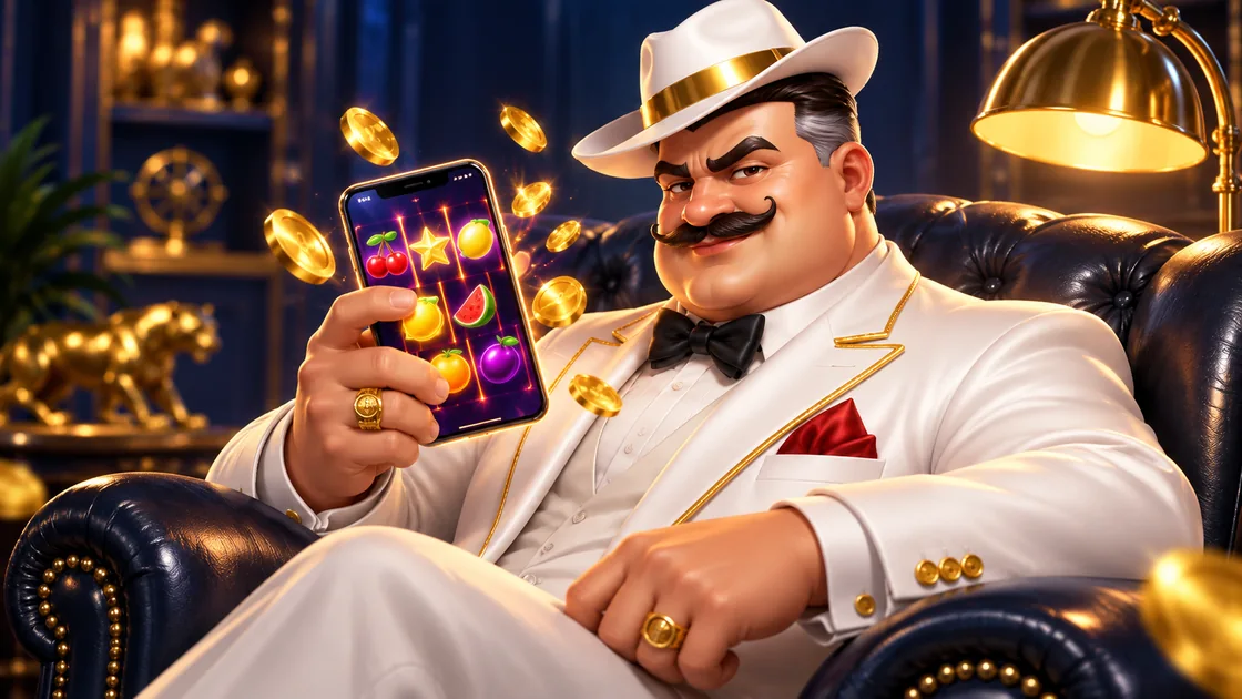 Gentleman in a white suit relaxing in a leather armchair with slot reels glowing on his phone screen